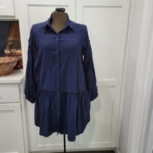 Free People Navy Blue Long Sleeve Shirtdress with Ruffle Size Small